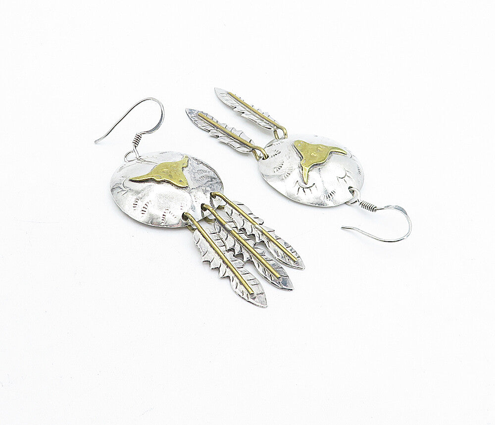 MEXICO 925 Sterling Silver  Vintage Two Tone Feather Dangle Earrings  EG2480