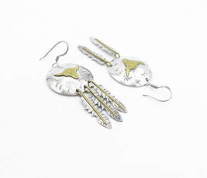 MEXICO 925 Sterling Silver  Vintage Two Tone Feather Dangle Earrings  EG2480
