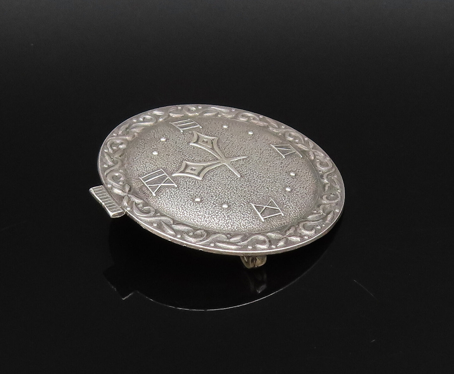 P&B 925 Silver  Vintage Antique Swirl Edge Wall Clock Brooch Pin  BP9977