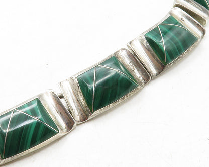 MEXICO 925 Sterling Silver  Vintage Malachite Heavy Chain Necklace  NE2134