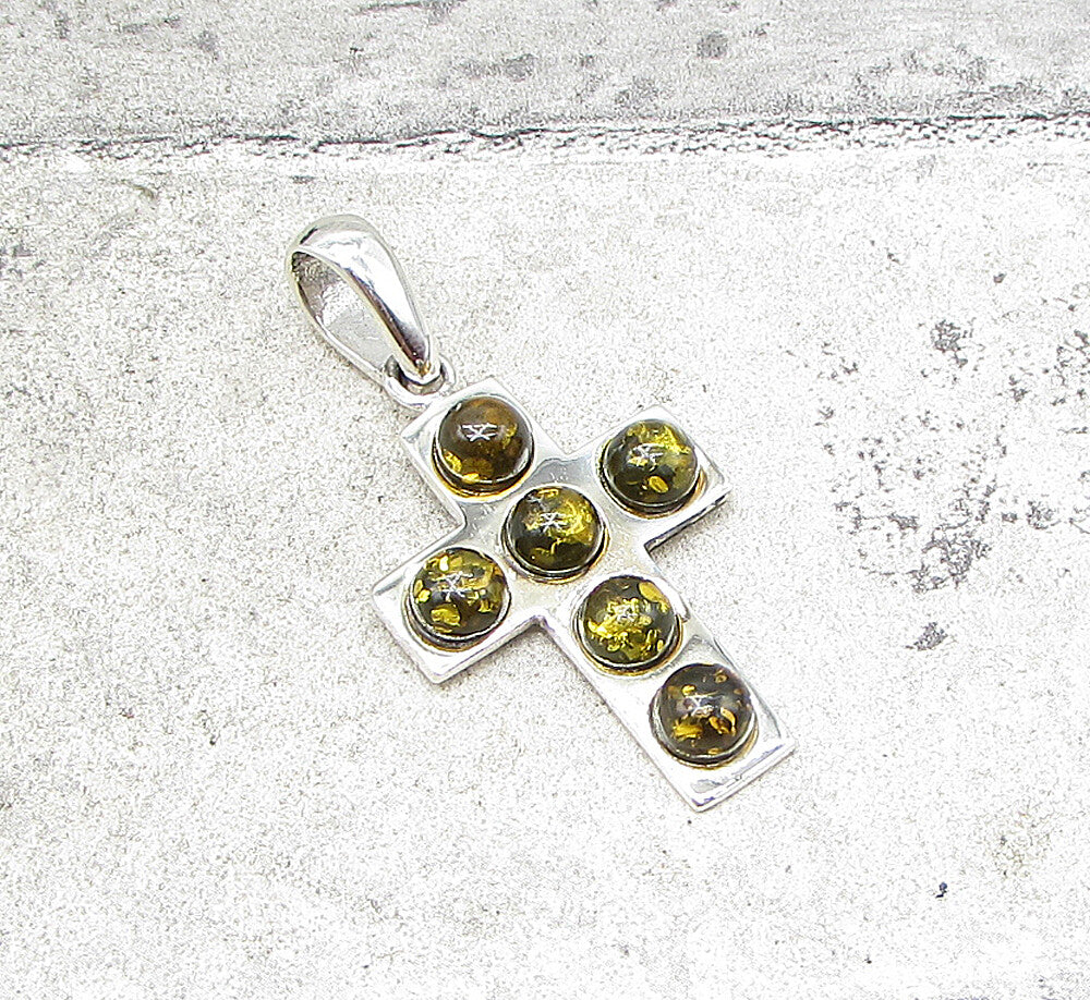 925 Sterling Silver  Cabochon Cut Amber Religious Cross Drop Pendant  PT1426