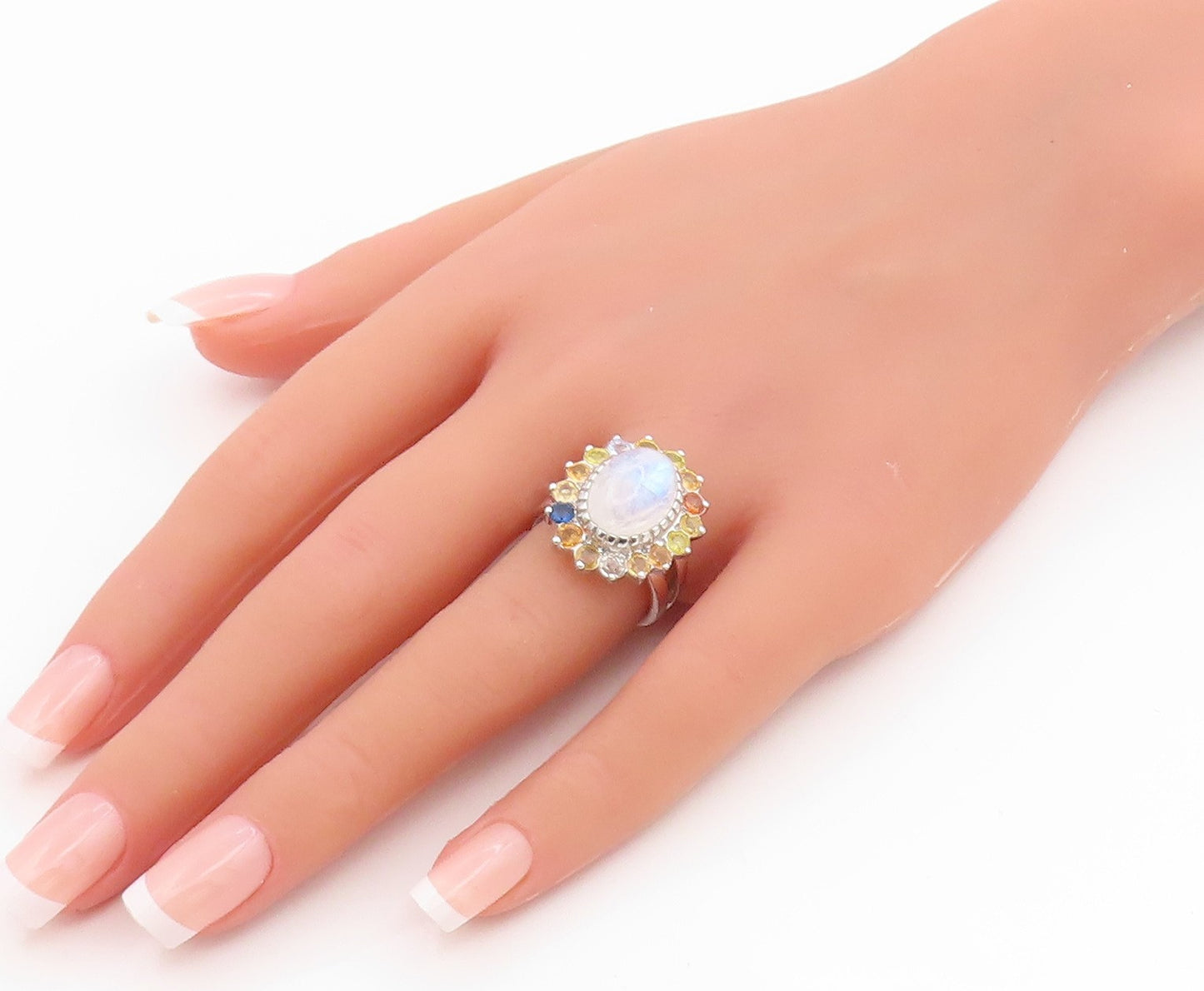 925 Sterling Silver Vintage Ring Cabochon Moonstone Flower Band  Sz 7  RG35732