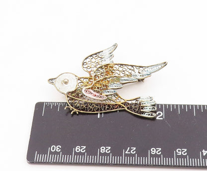 925 Sterling Silver Vintage Brooch Pin Gold Plated Filigree Bird Charm  BP12410