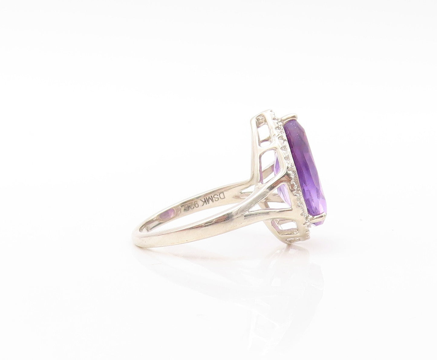 925 Sterling Silver Vintage Ring Drop Cut Amethyst Halo CZ Frame  Sz 7  RG30830