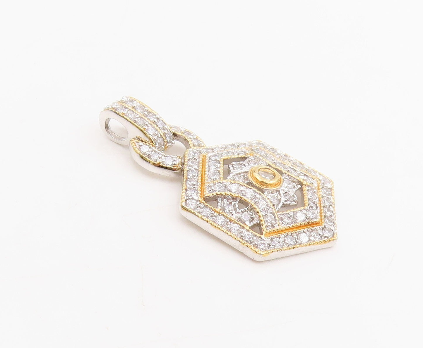 925 Sterling Silver Vintage Pendant Sparkling CZ Two Tone Hexagon Charm  PT25488