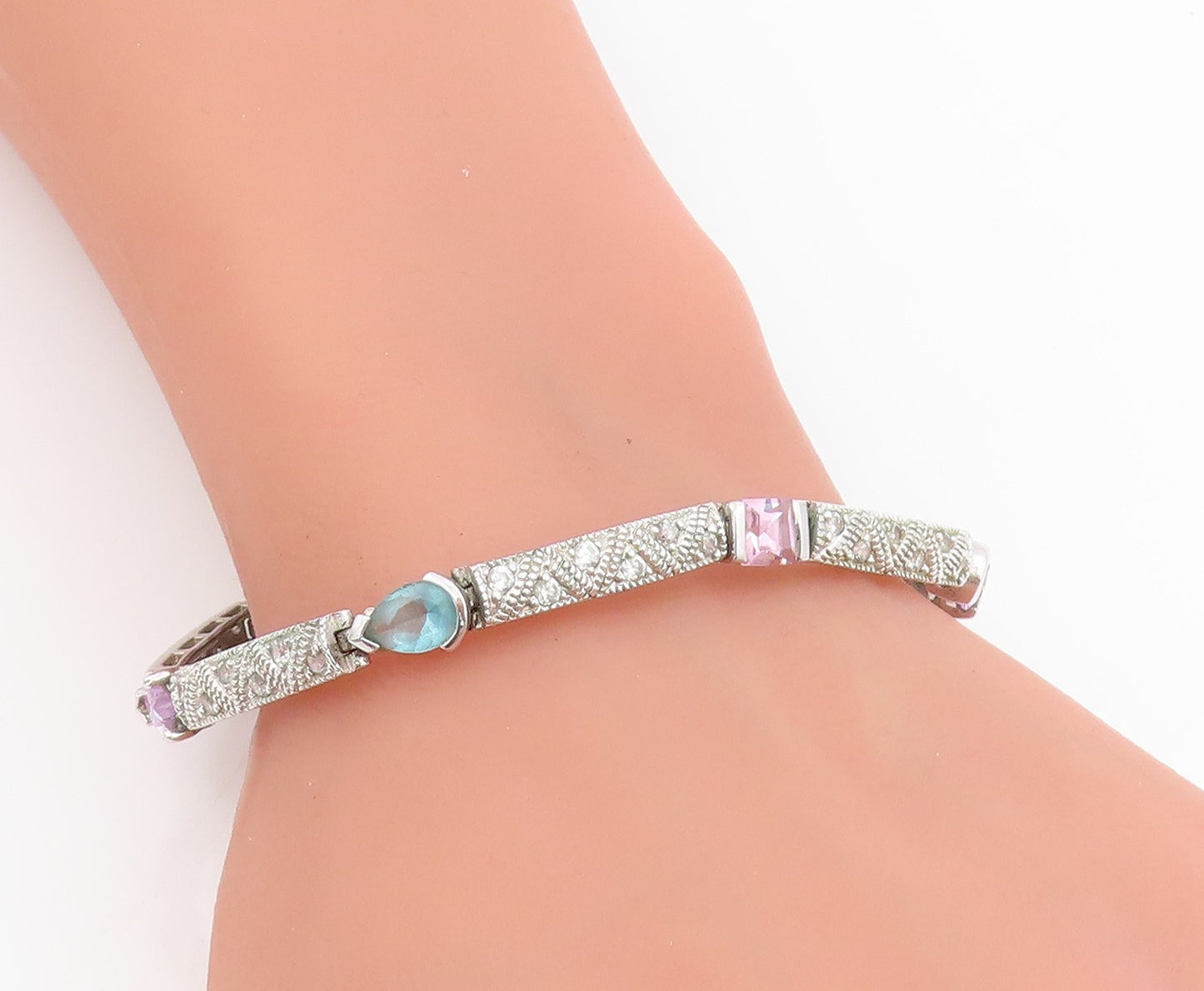 925 Sterling Silver Vintage Bracelet Multi Gemstone Geometric Panel Link BT11692