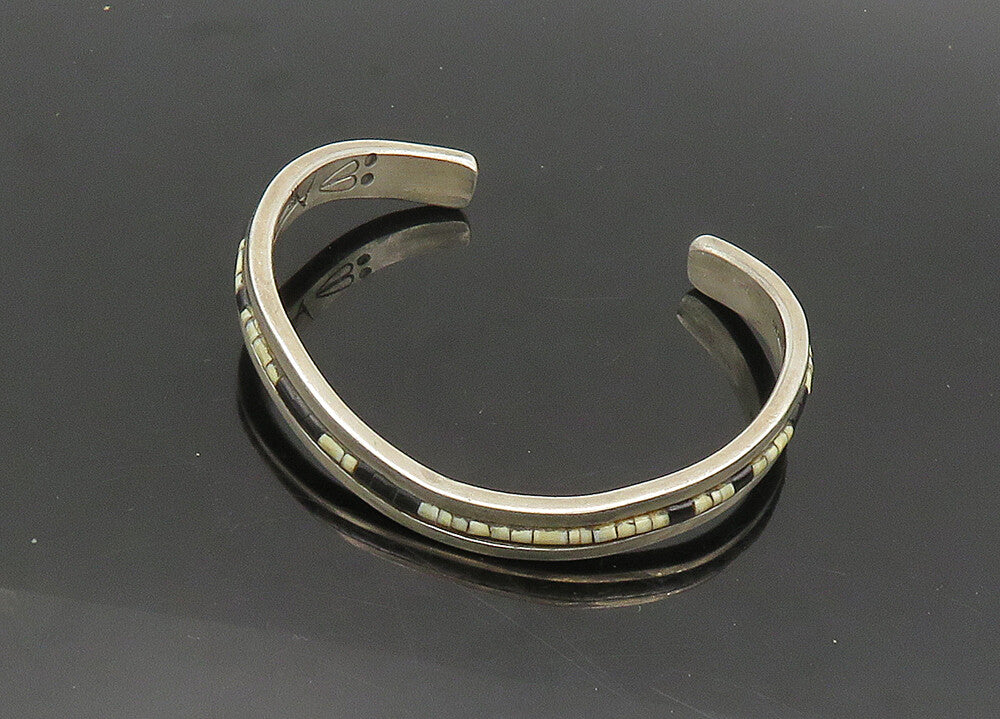 NAVAJO 925 Sterling Silver  Vintage Black & White Onyx Cuff Bracelet  BT8060
