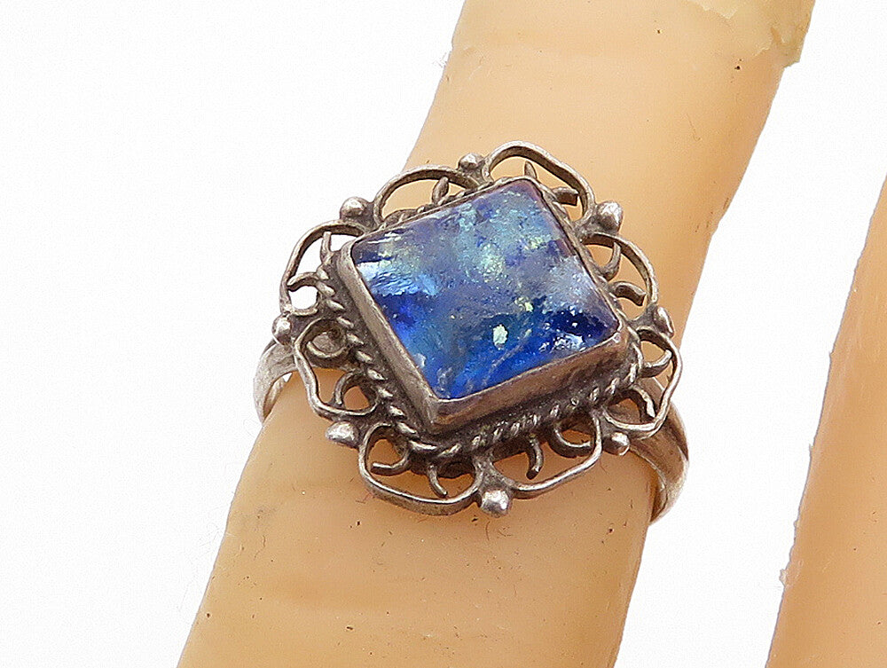 MEXICO 925 Silver  Vintage Blue Topaz Swirl Border Cocktail Ring Sz 5  RG4401