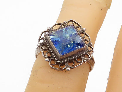 MEXICO 925 Silver  Vintage Blue Topaz Swirl Border Cocktail Ring Sz 5  RG4401
