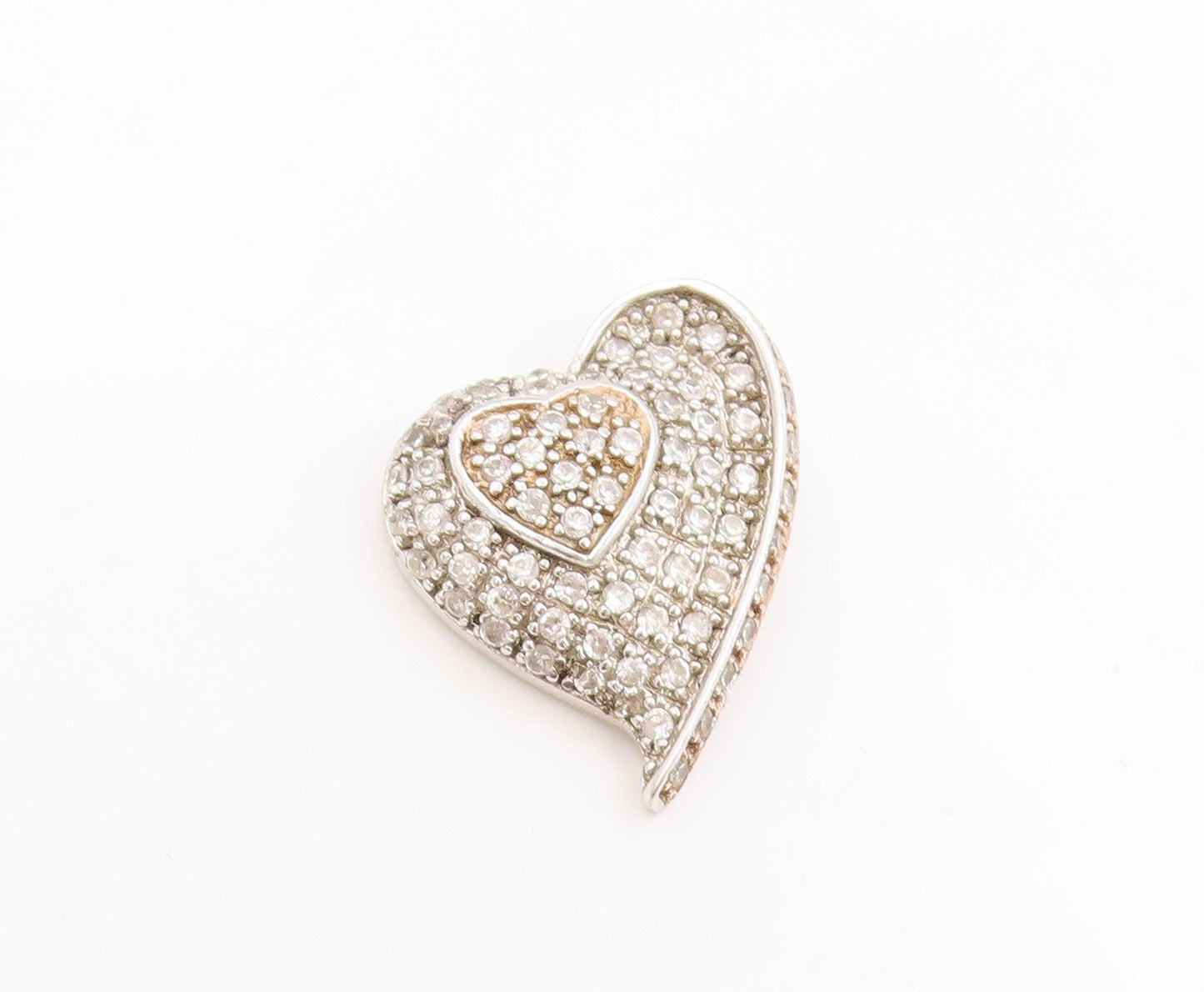925 Sterling Silver Vintage Pendant Cluster CZ Double Love Heart Charm  PT25821