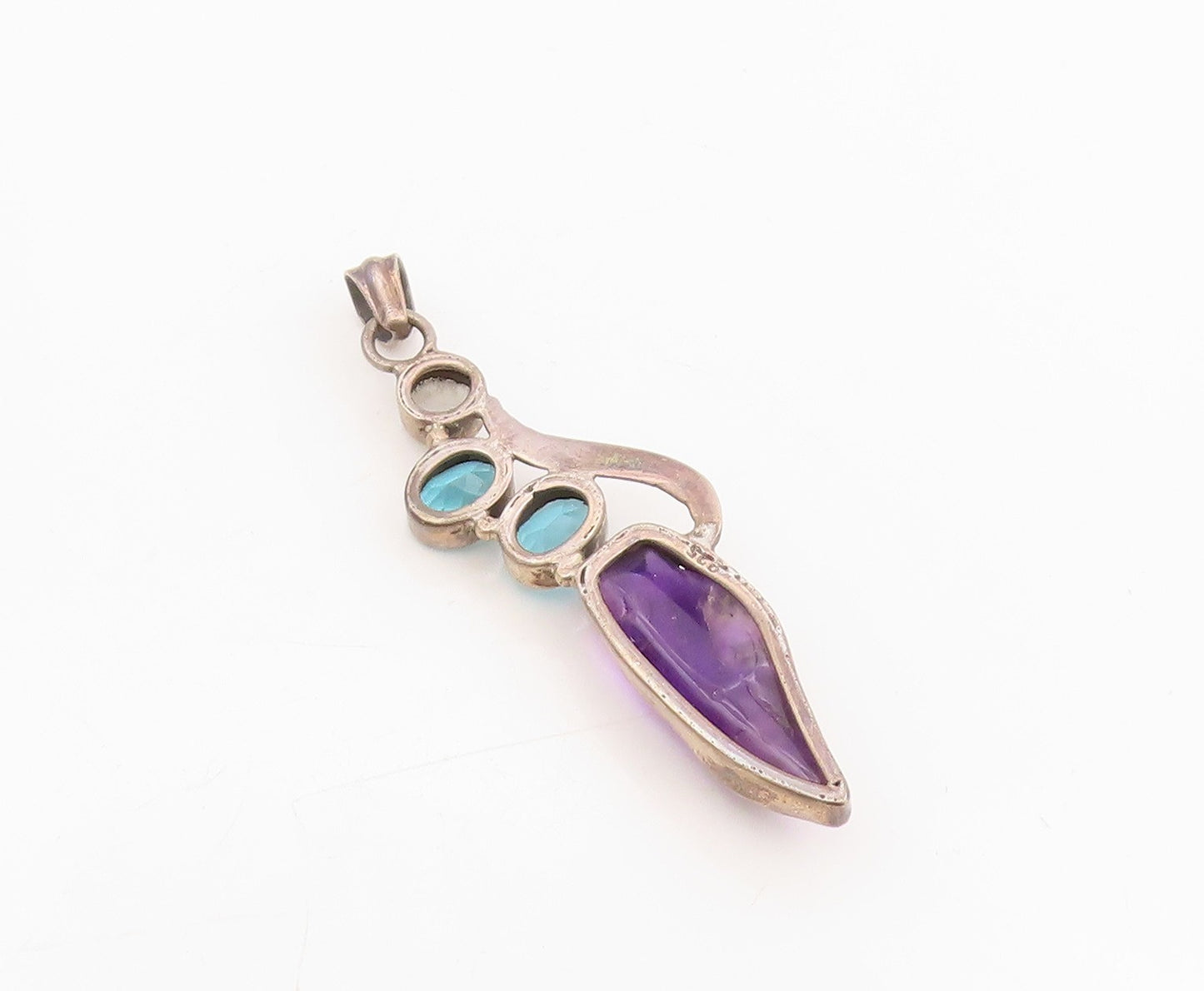 925 Sterling Silver Vintage Pendant Blue Topaz & Amethyst Leaf Drop  PT25572