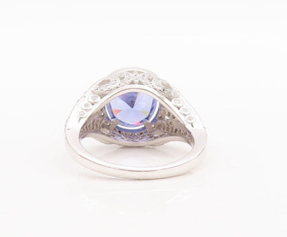 925 Sterling Silver Vintage Ring Carved Round Cut Blue & White CZ  Sz 7  RG29595