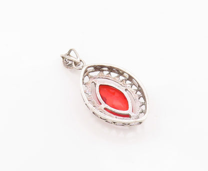 925 Sterling Silver Vintage Pendant Marquise Cut Ruby Openwork Charm  PT26347