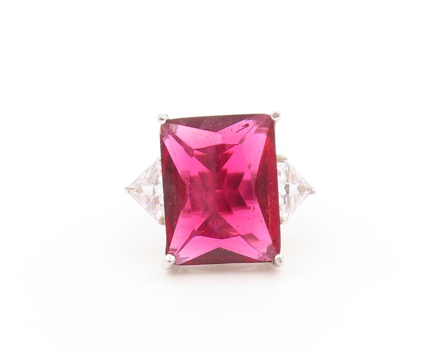 925 Sterling Silver Vintage Ring Pink Rectangle & Triangle CZ   Sz 6.5  RG32924