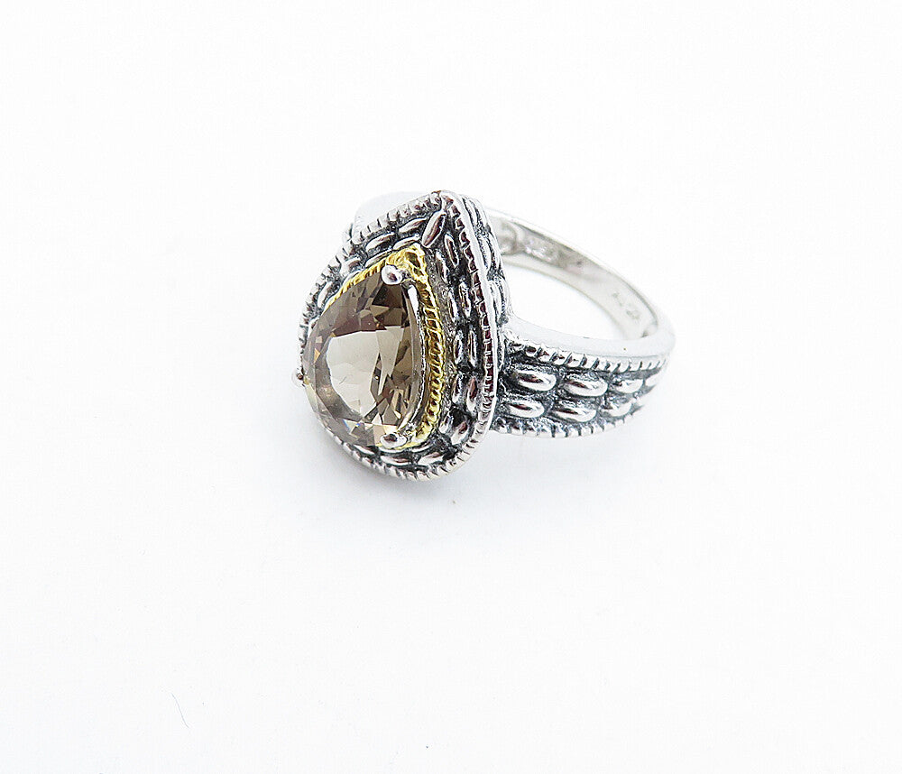 925 Silver & 18K GOLD  Tear Drop Smoky Topaz Twist Solitaire Ring Sz 5  RG3944