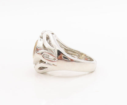 925 Sterling Silver Vintage Ring Leaf Border Cutout Neck Citrine  Sz 8  RG28658