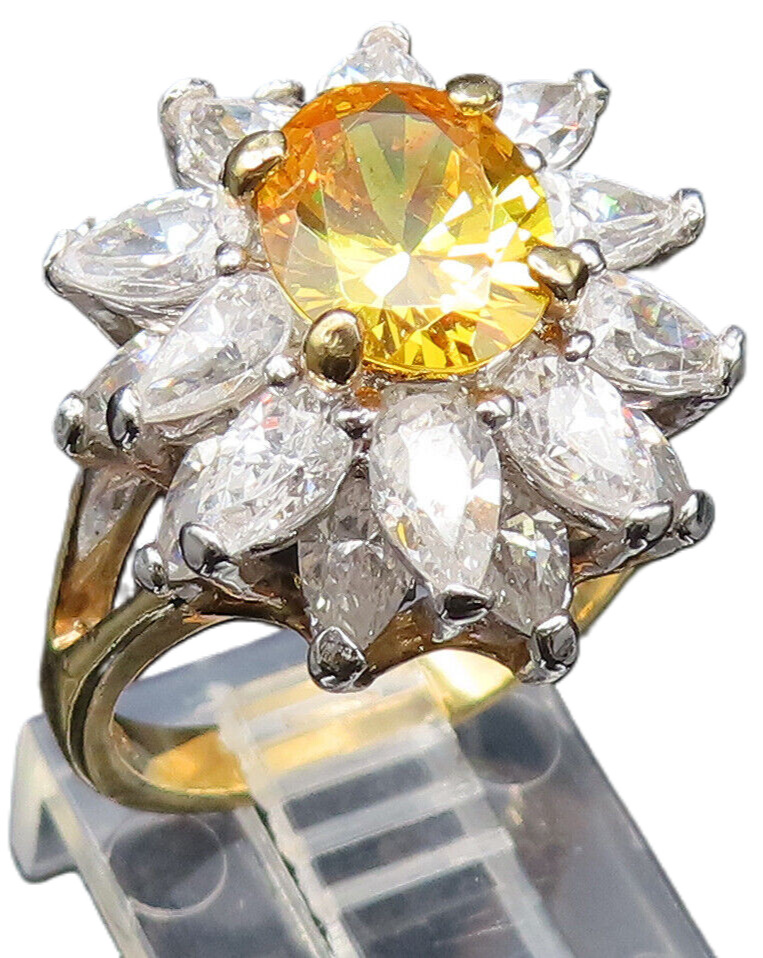 EDCO 925 Silver  Vintage Yellow & White Cubic Zirconia Ring Sz 6.5  RG25592