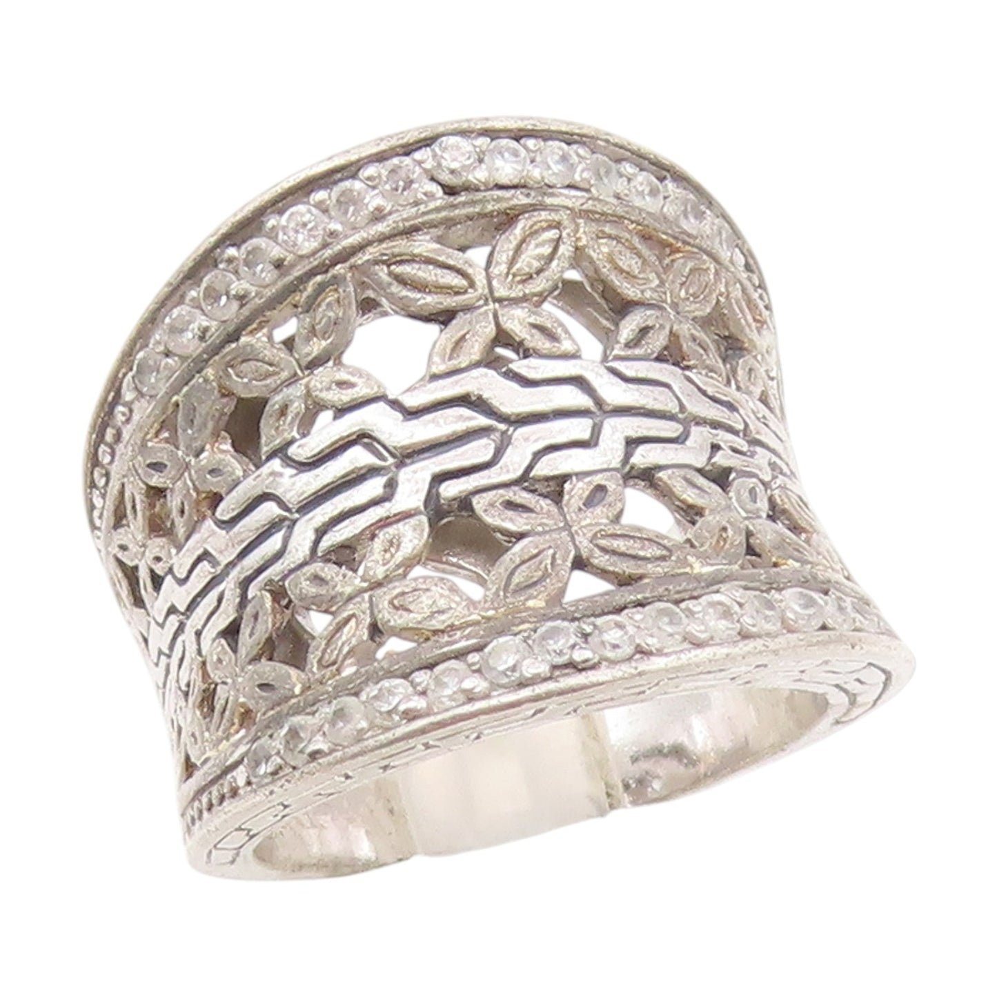 925 Sterling Silver Vintage Ring CZ Floral Openwork Wide Band  Sz 8.5  RG34372