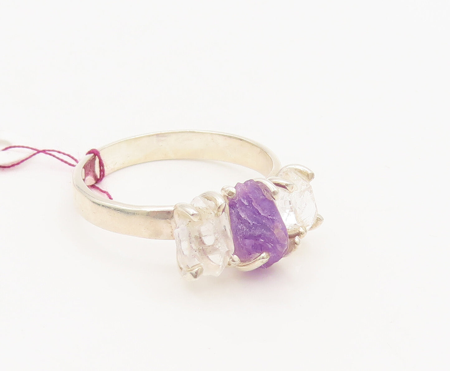 925 Silver  Vintage Three Stone Purple & White Rough Quartz Ring Sz 9  RG26968