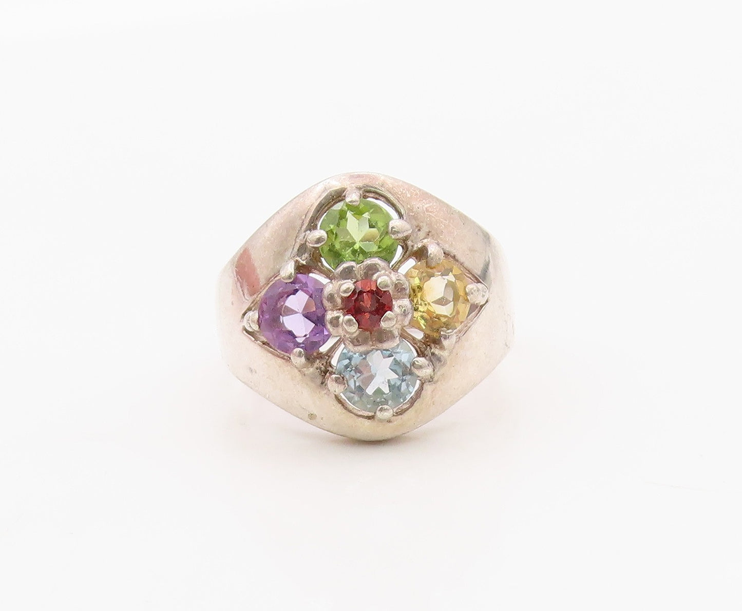 925 Sterling Silver Vintage Ring Multi Gemstone Floral Cluster  Sz 8  RG36392