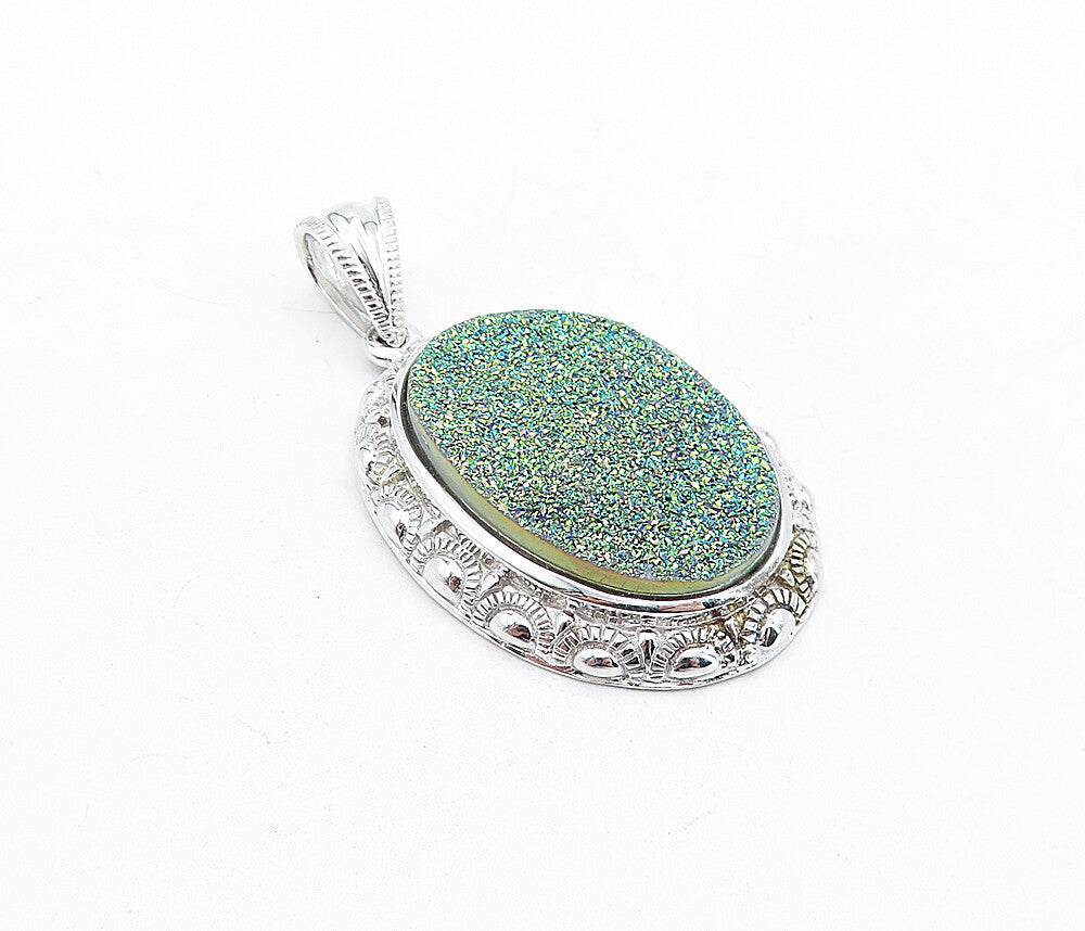 925 Sterling Silver  Vintage Green Druzy Patterned Border Drop Pendant  PT3697