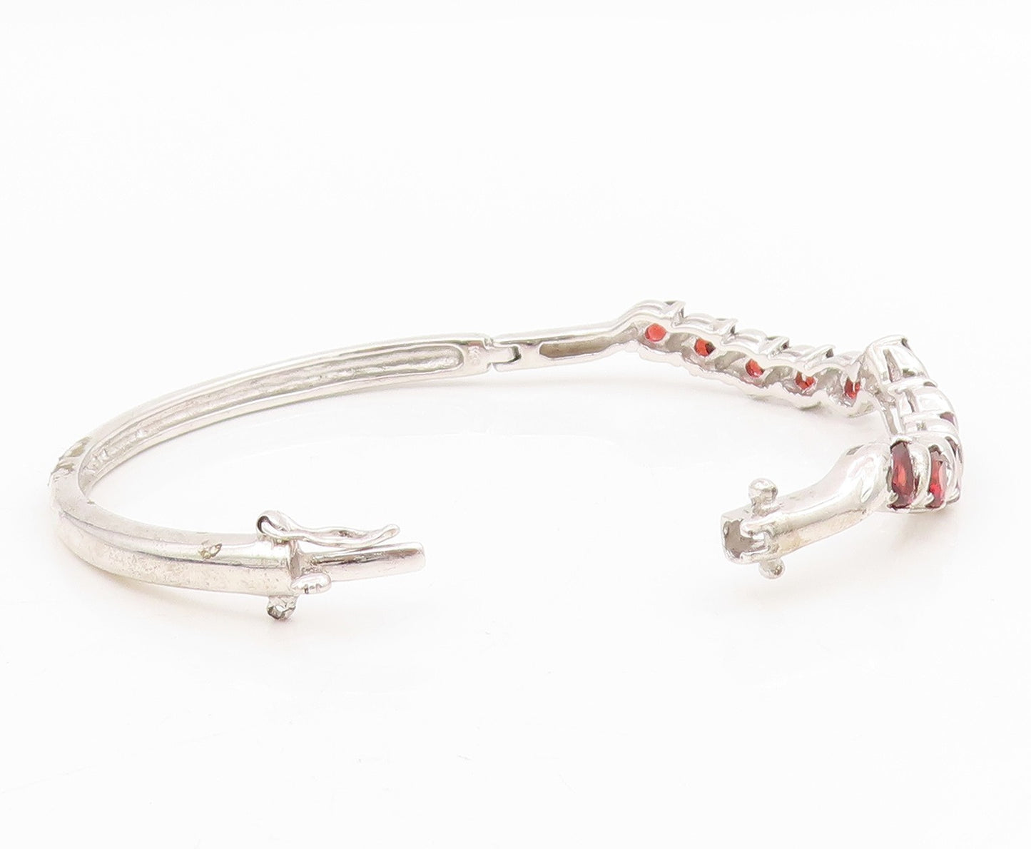 925 Sterling Silver Vintage Bracelet Red Garnet Twisting Ribbon Bangle  BT11605