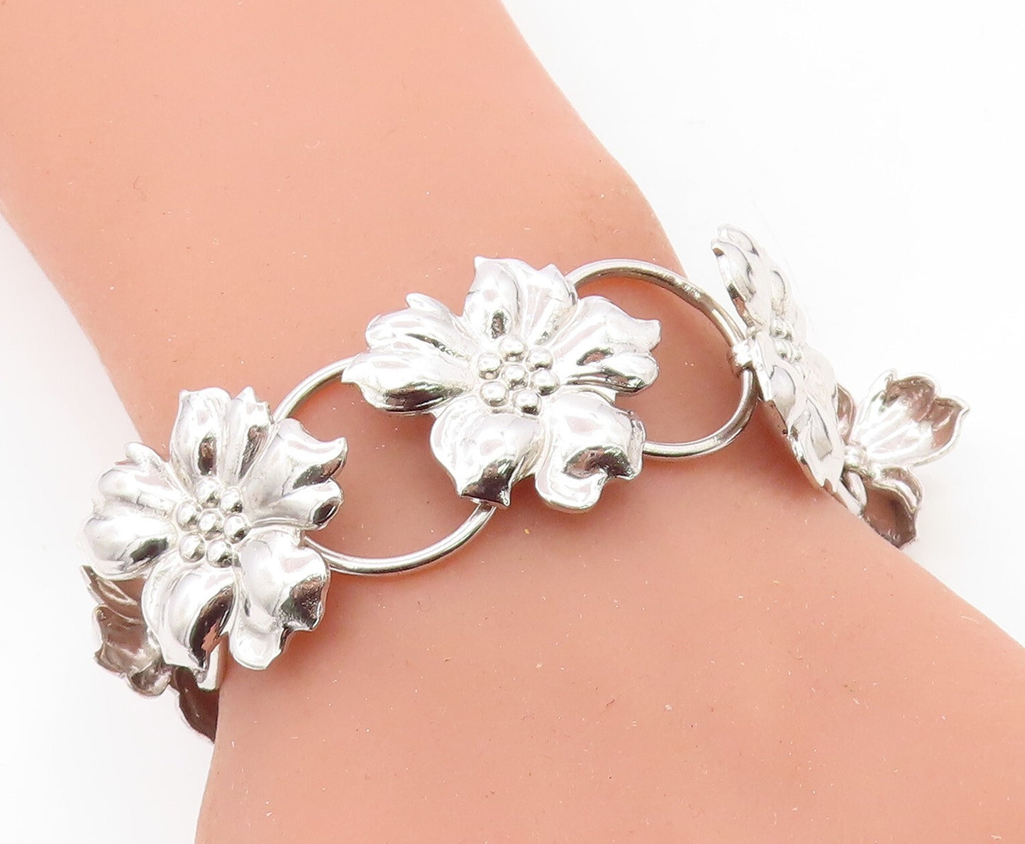 GOLDBERG KIRSCHMAN 925 Silver  Vintage Shiny Floral Chain Bracelet  BT3051