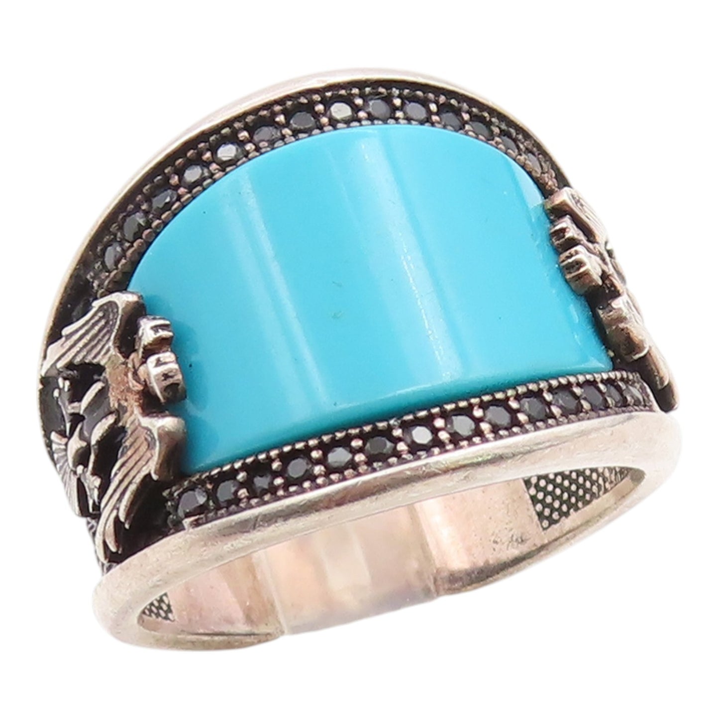 925 Sterling Silver Vintage Ring Turquoise & Spinel Eagle Band  Sz 11  RG36077