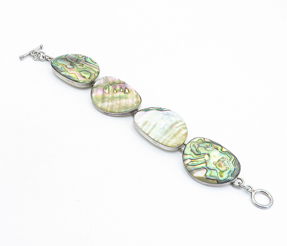 MEXICO 925 Sterling Silver  Vintage Shiny Abalone Shell Chain Bracelet  BT2175
