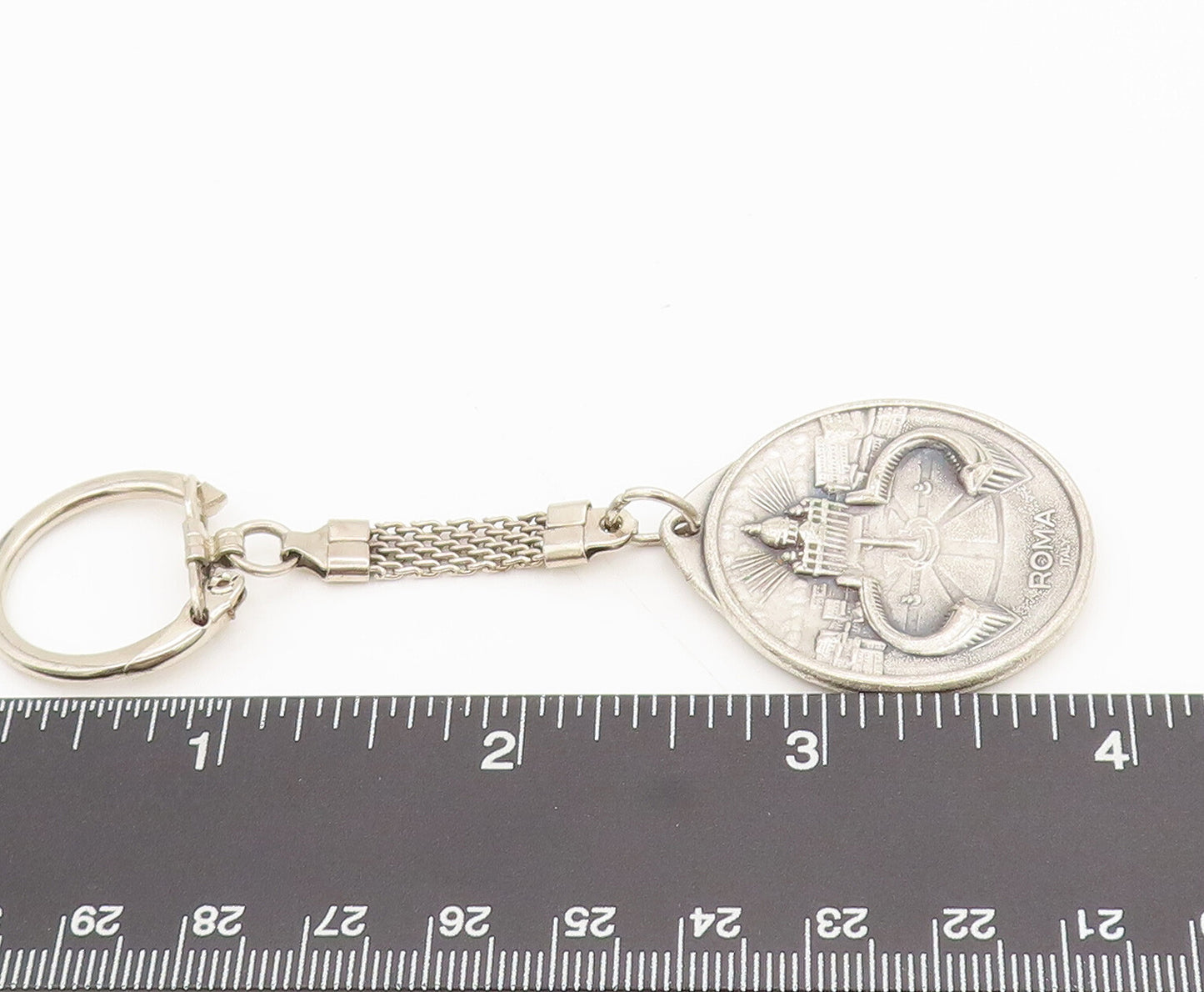 925  Silver  Vintage Religious Carved Joannes Paulus 2 Round Keychain  TR3590