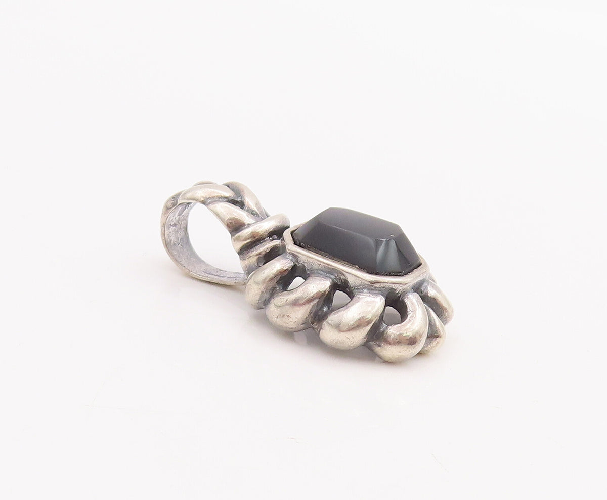 925 Sterling Silver Vintage Pendant Solid Cutout Braided Rectangle Onyx  PT22844