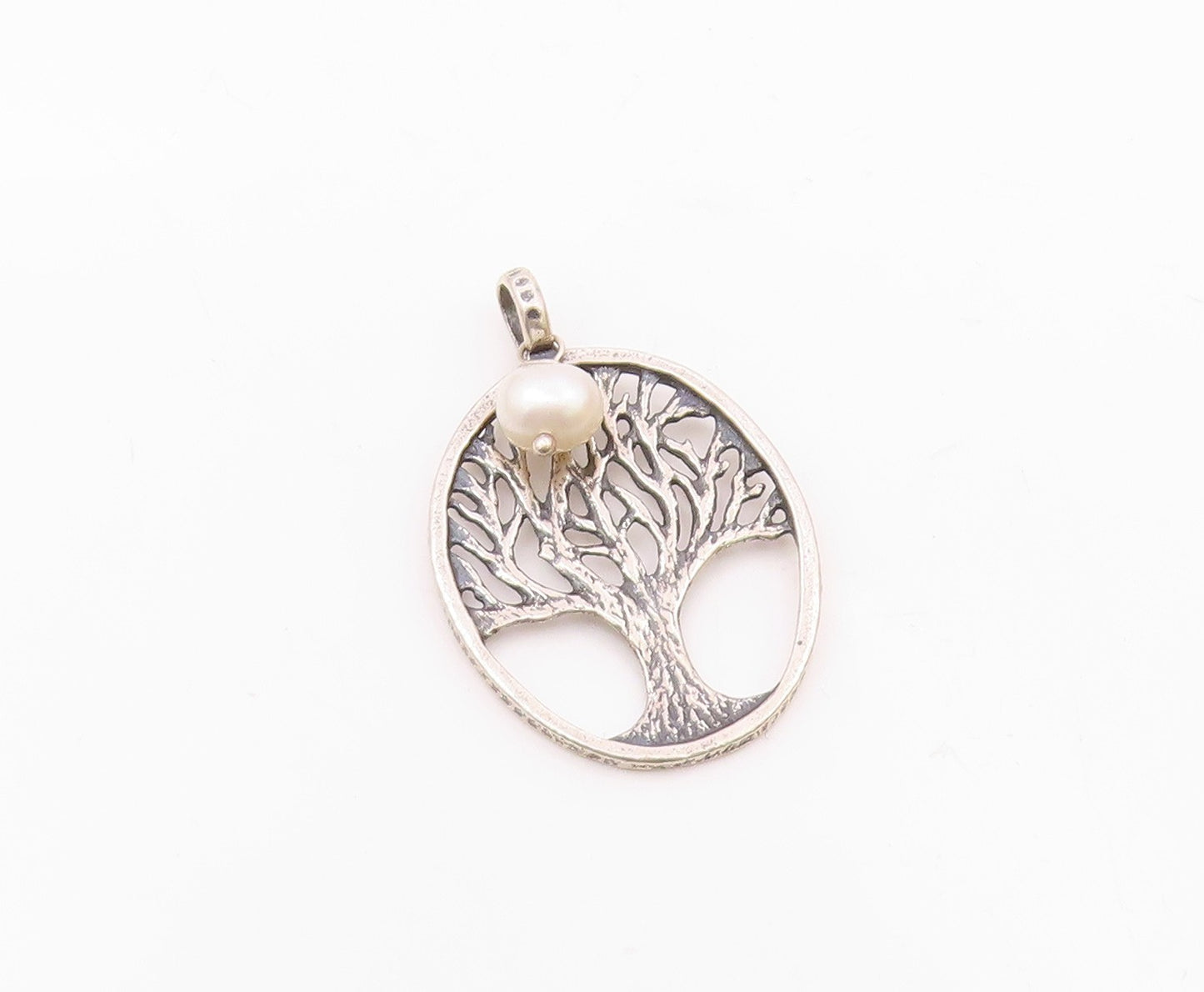 ISRAEL 925 Silver  Vintage Freshwater Pearl & Tree Of Life Pendant  PT21722