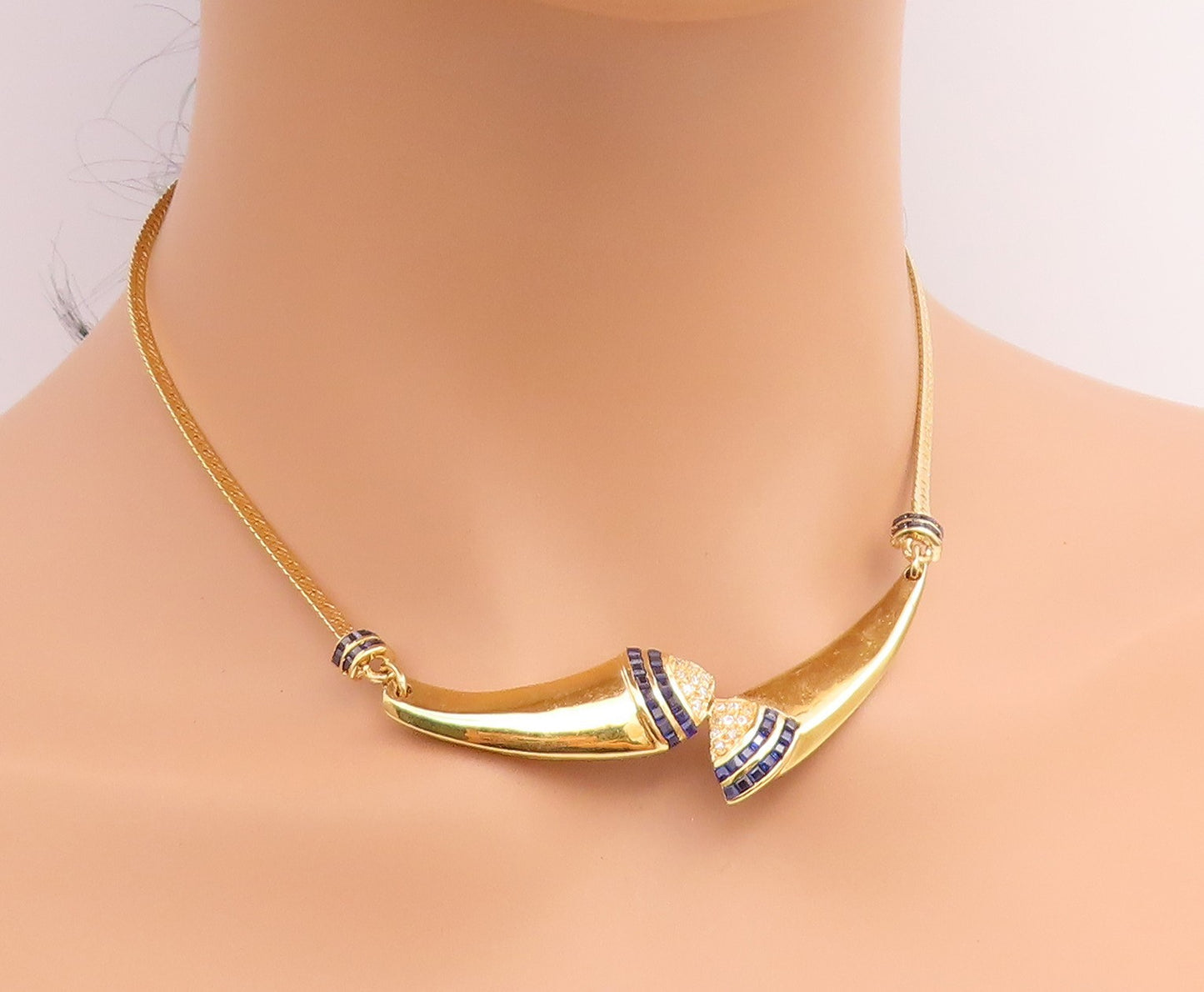 925 Sterling Silver Vintage Necklace Gold Plated Real Diamonds & Sapphire NE4927