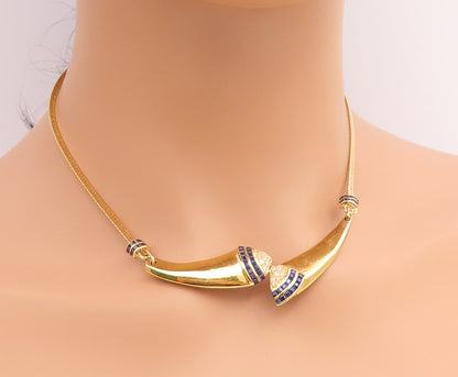925 Sterling Silver Vintage Necklace Gold Plated Real Diamonds & Sapphire NE4927