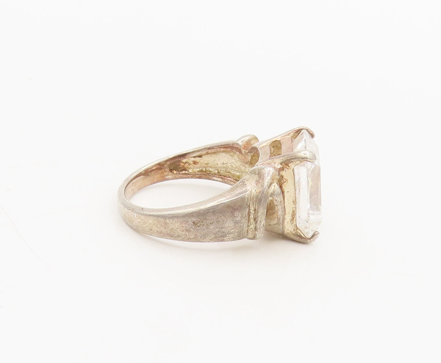 925 Sterling Silver  Vintage Designer Rectangular CZ Carved Ring Sz 7  RG26958
