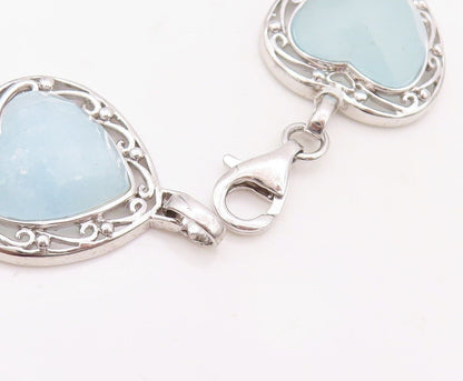 925 Sterling Silver Vintage Bracelet Heart Shape Aquamarine Swirly Cut  BT10710