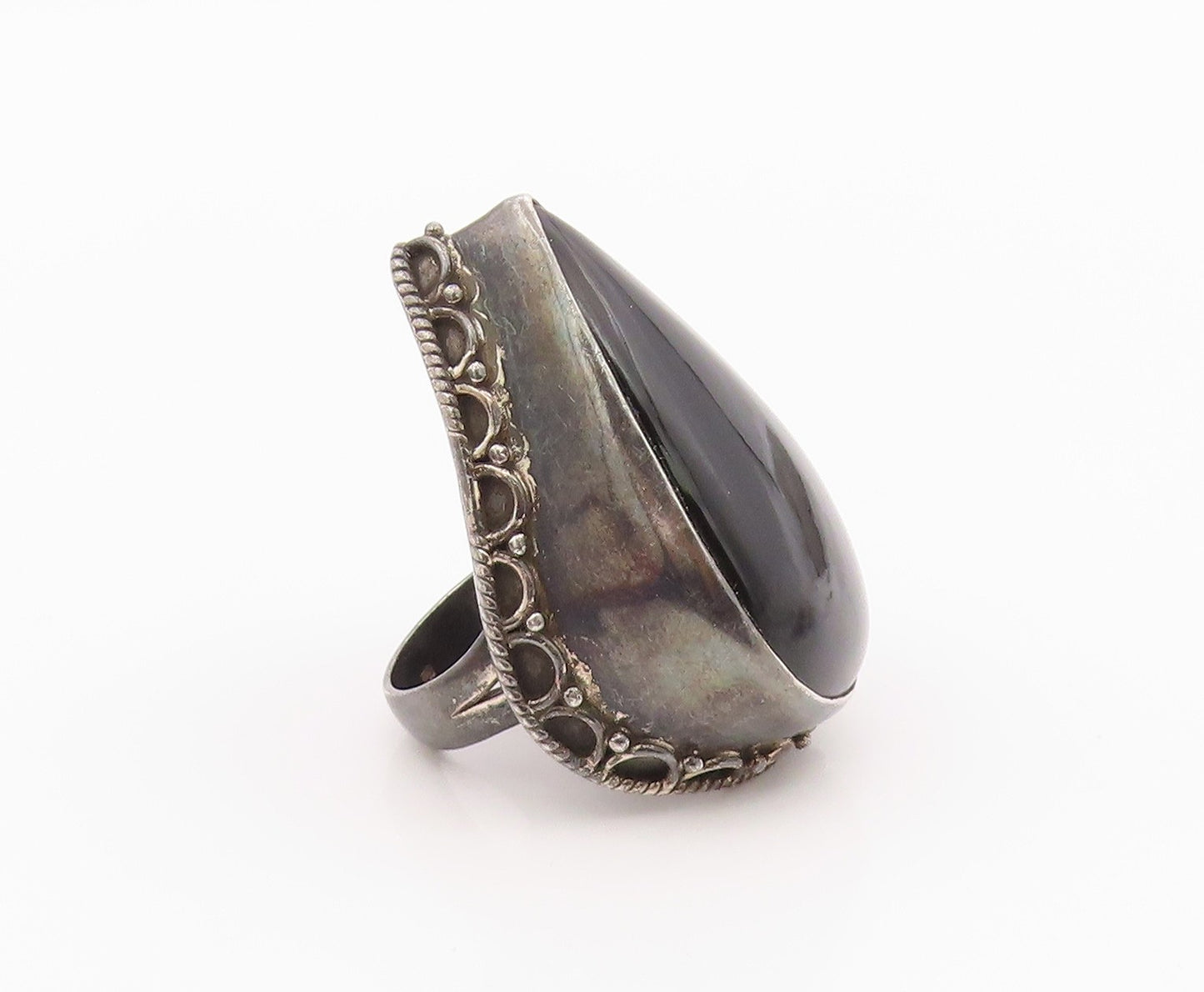 925 Sterling Silver Vintage Ring Large Pear Cut Onyx Solid Band  Sz 9  RG36362