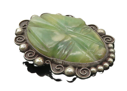 MEXICO 925 Sterling Silver  Vintage Antique Face Carved Jade Brooch Pin BP3848