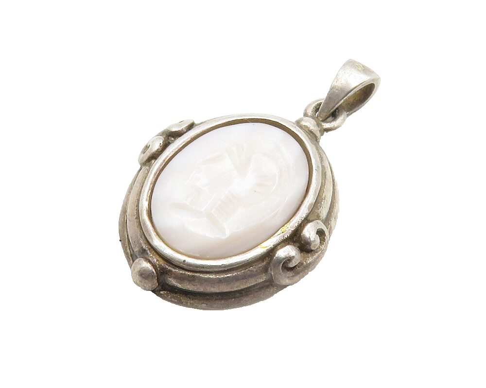 925 Sterling Silver  Vintage Agate Carved Gladiator Profile Pendant  PT11047