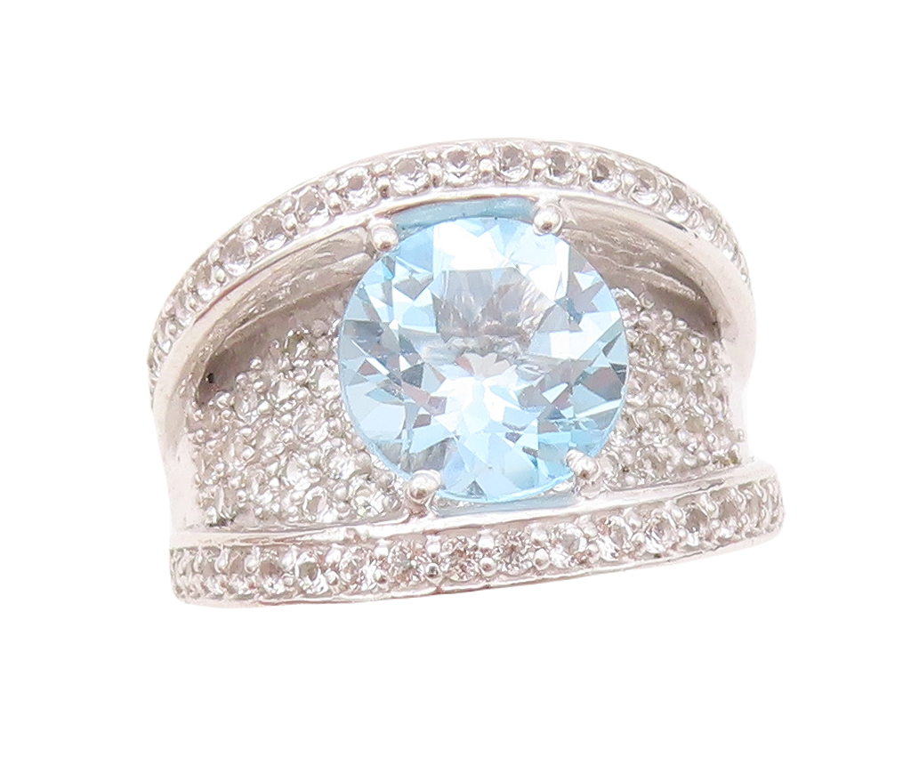 925 Sterling Silver Vintage Ring Designer Cutout Blue & White CZ  Sz 7  RG30398