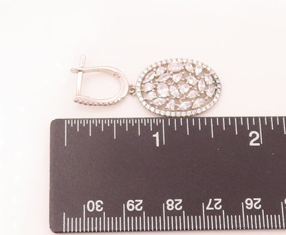 925 Silver  Vintage Dangling Oval Leaf Carved CZ Oval Drop Earrings  EG12493