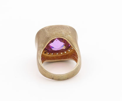 925 Sterling Silver Vintage Ring Gold Plated Amethyst Halo CZ Band Sz 6 RG36235