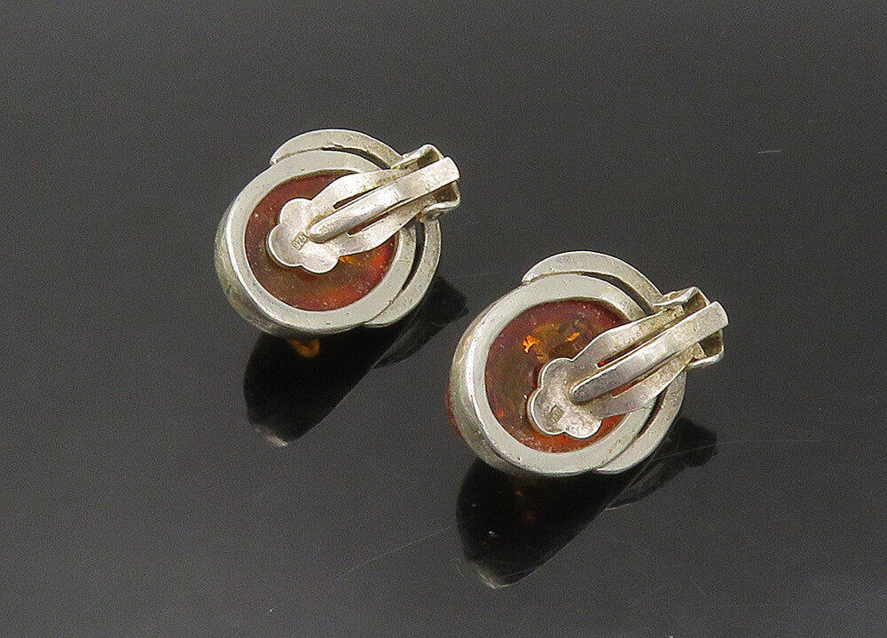 925 Sterling Silver   Vintage Cabochon Cut Amber Oval Drop Earrings  EG11289