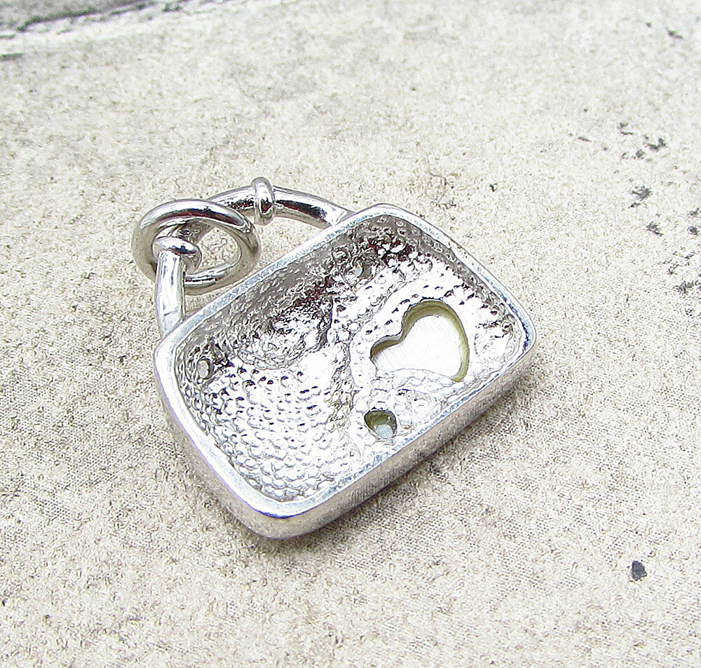 925 Silver  Inlay Mother of Pearl & CZ Heart Lady Purse Charm Pendant  PT1654