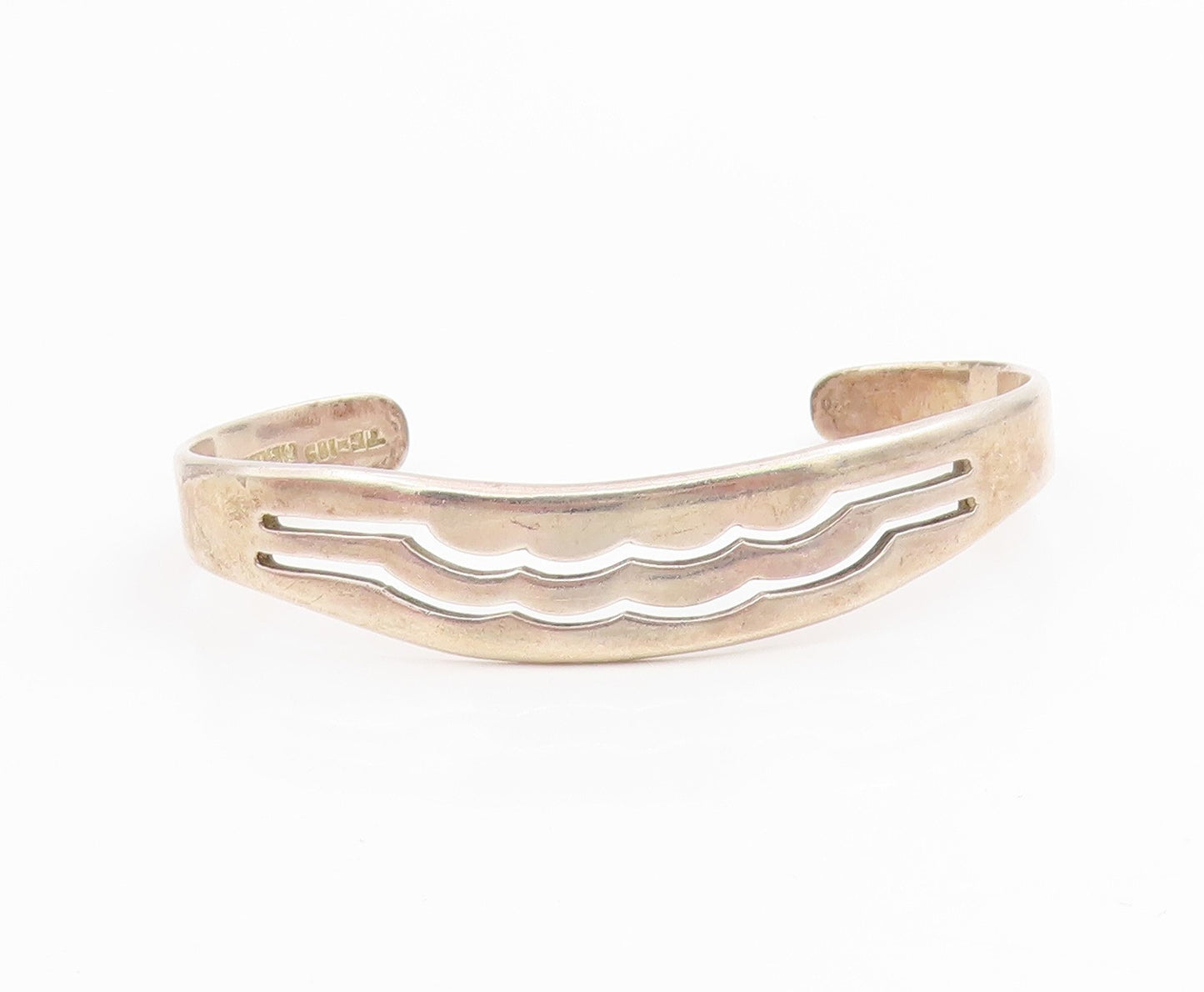 925 Sterling Silver Vintage Bracelet MEXICO Modernist Wavy Cut Out Cuff  BT11488