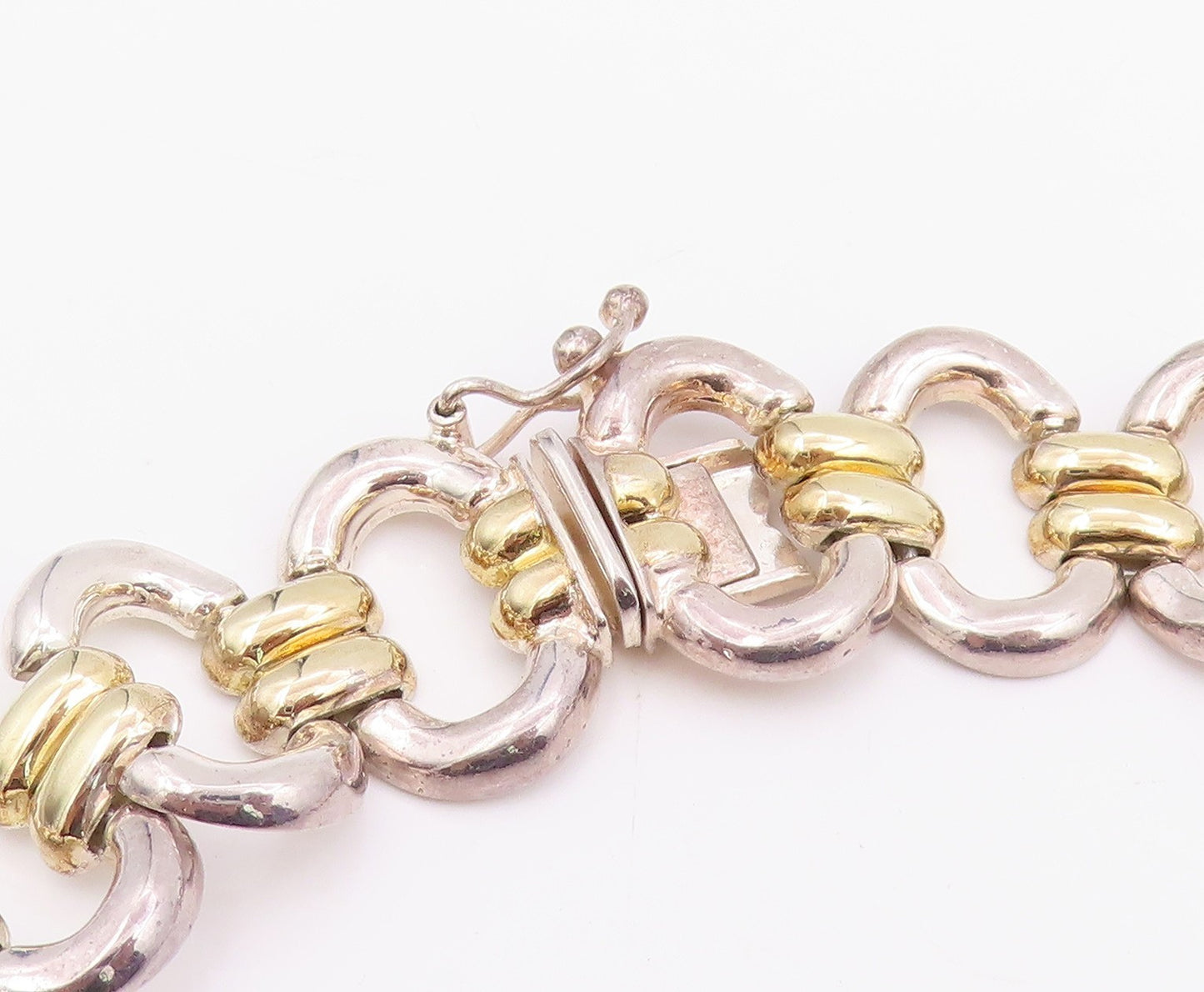 925 Sterling Silver Vintage Necklace Two Tone Modernist Oval Link Choker  NE4781