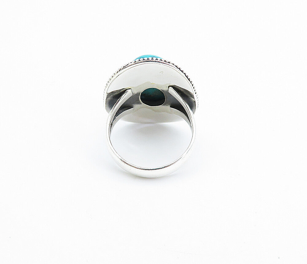 925 Sterling Silver  Turquoise Shiny Swirl Border Cocktail Ring Sz 7  RG7918