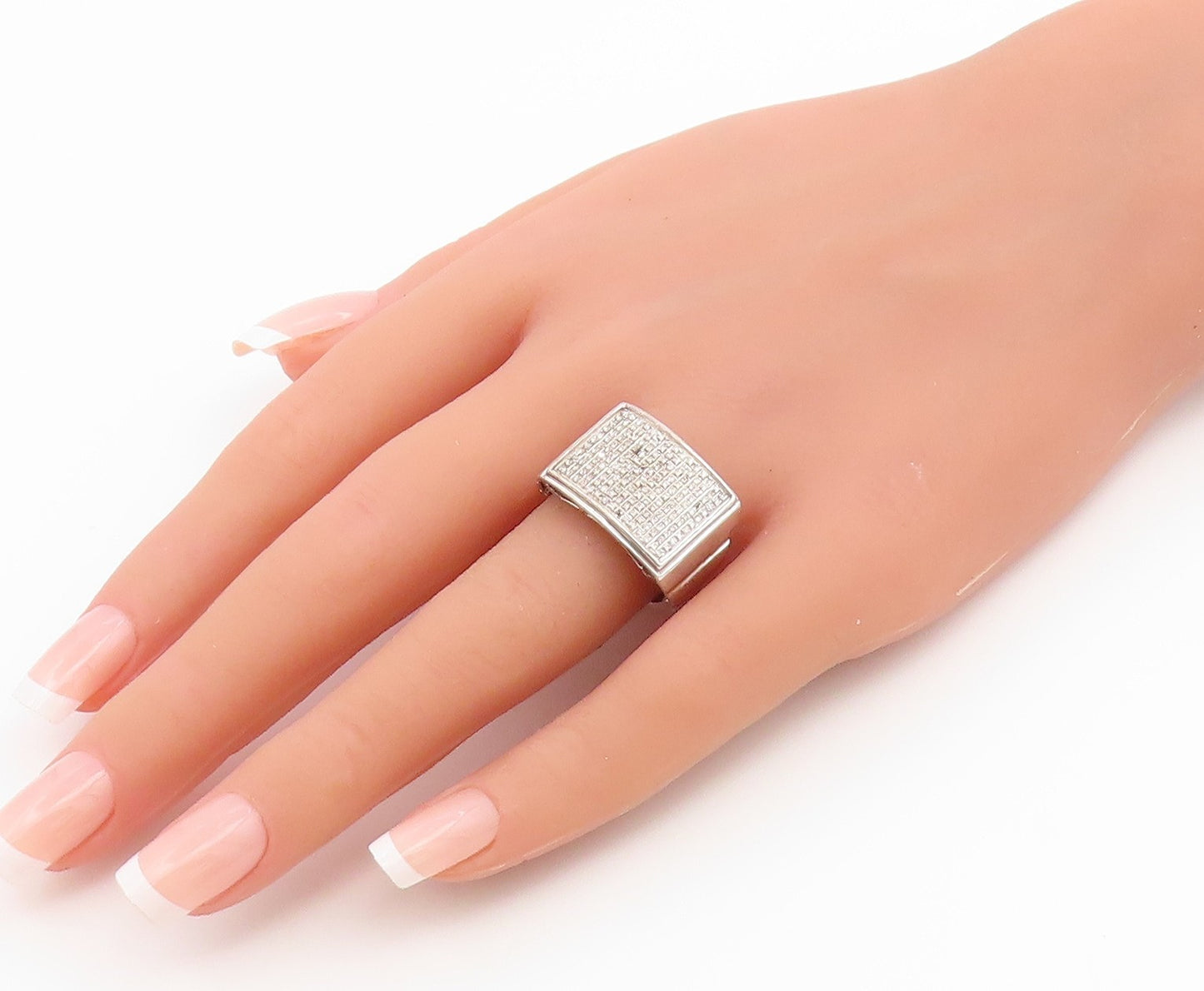 925 Sterling Silver Vintage Ring Real Diamonds Pave Statement Band Sz 8 RG36795