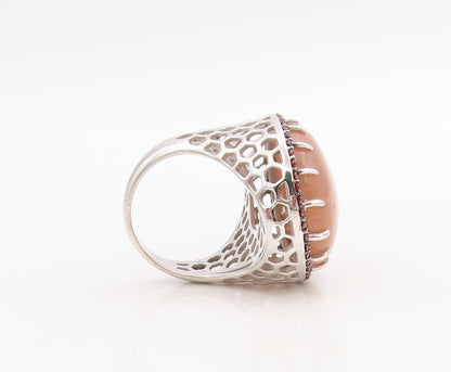 925 Sterling Silver Vintage Ring Large Oval Gemstone Halo Pink CZ  Sz 7 RG30648