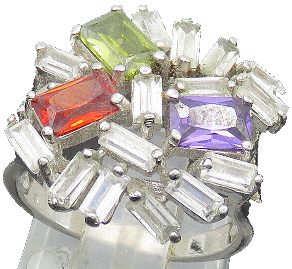 925 Silver Vintage Cubic Zirconia & Multi Stone Cocktail Ring Sz 6.5 RG20809